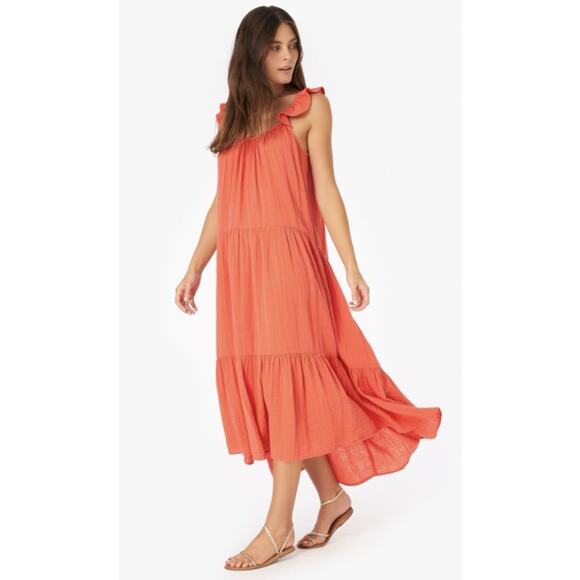 Xirena Rumer Scoop Neck Flutter Sleeve Gauze Tiered Midi Dress in Paprika - Picture 1 of 14